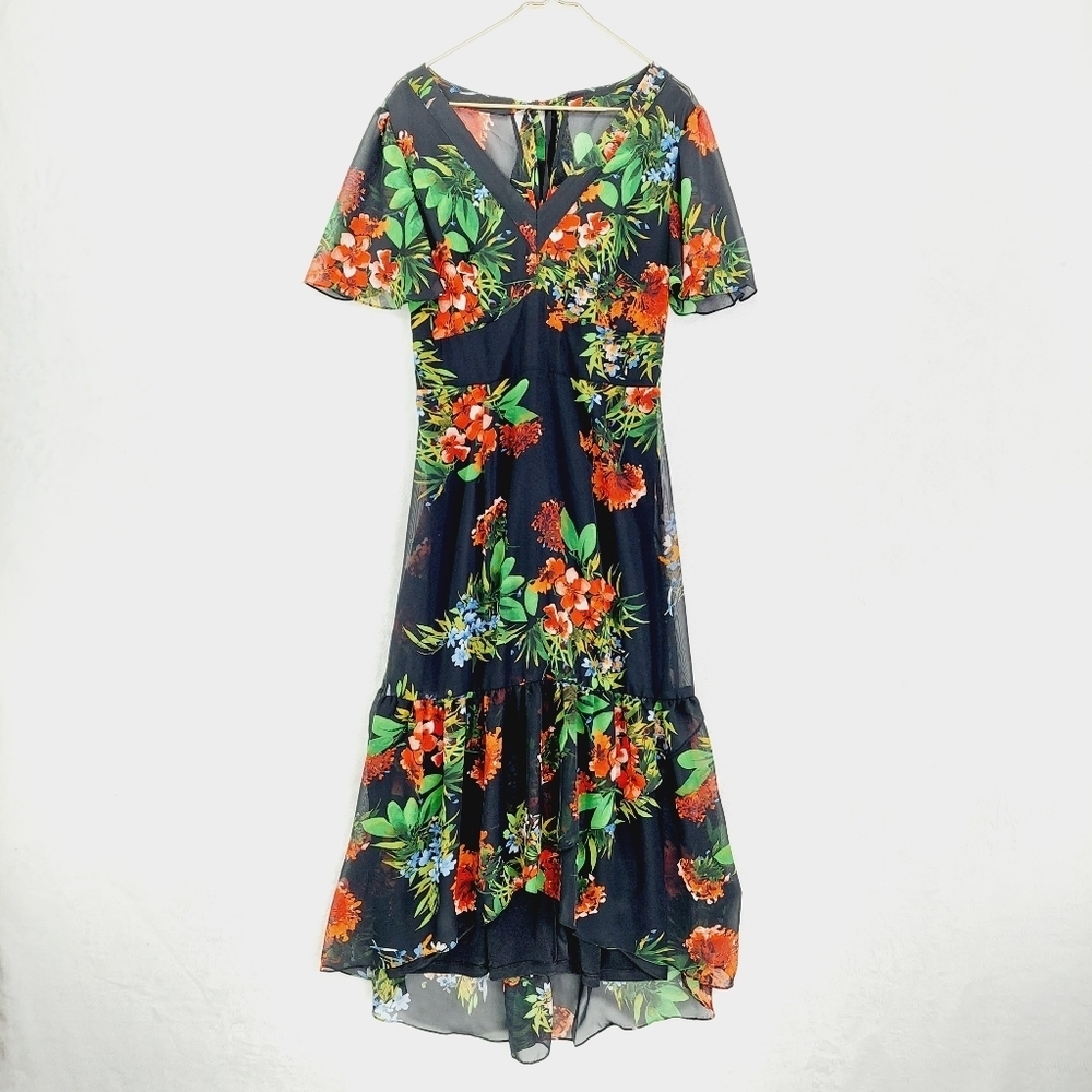 Julia Jordan V-Neck Floral Print Short Flutter Sleeve High-Low Maxi Dress P5105 - Picture 2 of 8